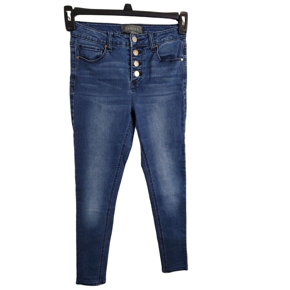 Harper Jeans 25 Womens Mid Rise Button Fly Dark Wash Skinny Leg Casual Blue